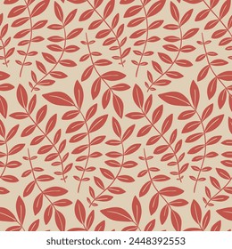 Seamless floral pattern, abstract nature ornament of hand drawn leaves stems in a retro motif. Decorative floral surface design of large foliage. Trendy textiles, wallpaper print. Vector illustration.