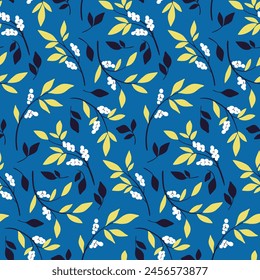 Nahtloses Blumenmuster, abstraktes Naturornament, vintage ditsy Print im Herbst, Winterfarben. Botanisches Design: kleine handgezeichnete grafische Zweige, Blumen, winzige Blätter auf Blau. Vektorillustration.