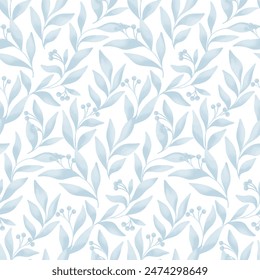 Seamless floral pattern, abstract nature ornament, flower print in delicate watercolor. Botanical design: hand drawn small berries, large blue leaves, branches on white background. Vector illustration