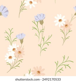 Seamless floral pattern, abstract nature ornament, delicate flower print of simple wild plants. Cute botanical design: hand drawn small flowers, large leaves on pastel pink field. Vector illustration.