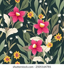 Seamless floral pattern, abstract nature print, flower ornament in bright summer colors. Botanical design: hand drawn wild flowers, small branches, large leaves, green foliage. Vector illustration.