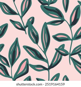 Padrão floral perfeito, impressão de natureza abstrata, ornamento desenhado à mão com plantas de esboço. Design botânico bonito: folhas verdes, folhagem grande em um fundo rosa. Decoração de botânica, ilustração vetorial.