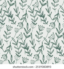 Seamless floral pattern, abstract nature ornament of hand drawn, sketch style small plants. Artistic botanical design for print: large chalk drawn flowers, leaves. Vector two color illustration.