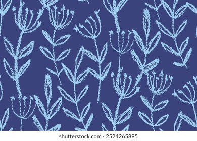 
Seamless floral pattern, abstract nature ornament of large chalk drawing wild plants. Two color flower print: hand drawn flowers on stems, leaves on blue background. Vector illustration, art print.