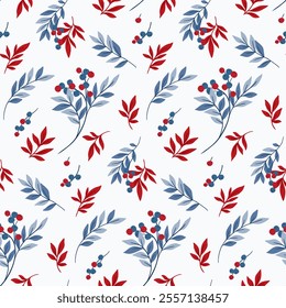 Seamless floral pattern, abstract nature ornament with wild plants in winter colors. Elegant botanical design of hand drawn branches with small red berries, large blue leaves. Vector illustration.