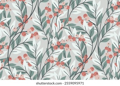 Seamless floral pattern, abstract nature print in delicate vintage motif. Elegant botanical design of hand drawn wild berries, twigs and leaves, rowan branches on green. Vector illustration.