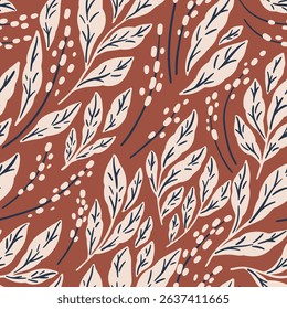 Seamless floral pattern, abstract nature print in autumn colors. Vintage botanical design with simple hand drawn plants, small leaves, wild flowers. Vector illustration, wallpaper or textile print.