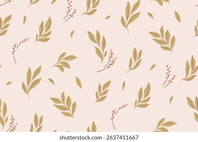 Seamless floral pattern, abstract nature design with leaves in vintage style. Elegant botanical print of small hand drawn foliage, tiny wildflowers in delicate autumn colors. Vector illustration.