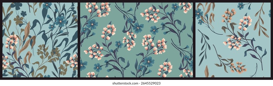 Seamless floral pattern, abstract nature print with wild plants in vintage style. Elegant botanical design of small hand drawn flowers on branches, leaves, wild plants, blue field. Vector illustration
