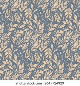 Seamless floral pattern, abstract nature textile print in vintage style. Elegant old-fashioned botanical design of small hand drawn leaves, tiny wildflowers, plant silhouettes. Vector illustration.