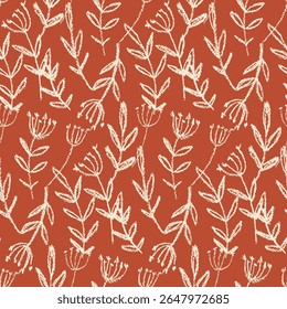 Seamless floral pattern, abstract nature print with sketch silhouettes of wild plants. Stylish botanical design of hand drawn flowers, large leaves. Vector illustration in two colors.