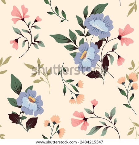 Seamless floral pattern, abstract nature ornament, print in romantic classic style. Beautiful botanical design: large hand drawn flower, small branches, leaves in delicate colors. Vector illustration.