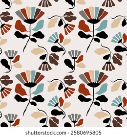 Seamless floral pattern with abstract organic shapes in brown, red, yellow, blue and black. Perfect for
fabric design, packaging and branding projects,
art prints, wallpaper and wrapping paper.