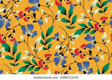 Seamless floral pattern, abstract ornament, decorative art nature print. Botanical design of summer wild meadow: hand drawn small flowers, branches, large leaves on a yellow field. Vector illustration