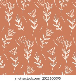 Seamless floral pattern, abstract ornament with sketch plants for print on fabric, wallpaper, surface. Two colors botanical design of chalk drawing flowers, grass. Artistic style vector illustration.