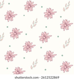 Seamless floral pattern, abstract ornament in soft vintage motif. Cute botanical design: small hand drawn flowers, tiny leaves, dots. Vector