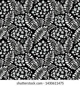 Seamless floral pattern. Abstract ornamental texture with stylized wildflowers on black background.