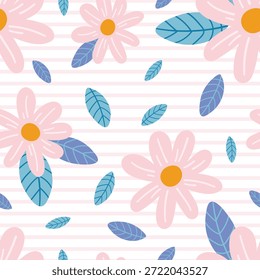 Padrão floral sem emenda com margaridas rosa abstratas em um fundo listrado. Ilustração de vetor plano.