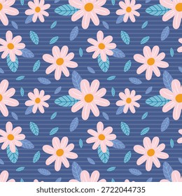 Padrão floral sem emenda com margaridas rosa abstratas em um fundo azul listrado. Ilustração de vetor plano.