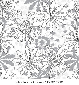 Seamless floral pattern with abstract plants. Vector monochrome illustration on a white background.