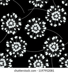 Seamless floral pattern with abstract plants. Vector monochrome illustration on a black  background.