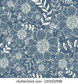 Seamless floral pattern. Abstract print with flower and leaves. Elegant beautiful nature ornament for wallpaper, fabric, wrapping and textile. Vector illustration.