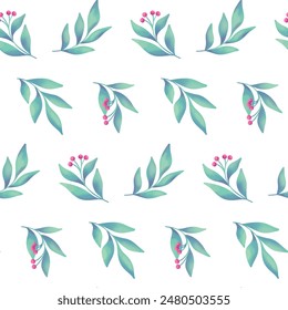 Patrón floral sin costura, impresión abstracta, adorno de motivo folclórico de las ramitas de bayas de acuarela. Diseño botánico clásico: ramas de bayas dibujadas a mano, hojas Grandes aisladas en blanco. Ilustración vectorial.