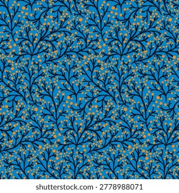 Seamless floral pattern, abstract print of tiny hand drawn branches, small yellow berries in doodle motif. Cute botanical design of small tree twigs, thin stems on blue background. Vector illustration