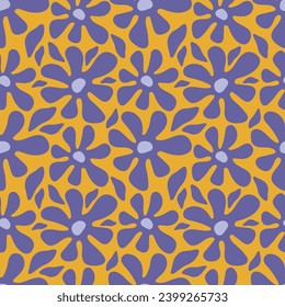 Seamless floral pattern. Abstract purple flowers on a yellow background. Retro style