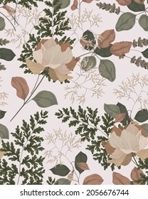 Seamless floral pattern, abstract repeat flower print in a gentle vintage motif. Elegant botanical wallpaper, fabric design: hand drawn large wild flowers, stems, leaves on white. Vector illustration.