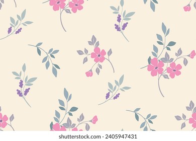 Seamless floral pattern, abstract romantic ditsy print of hand drawn simple branches. Delicate botanical design: small pink flowers, branches, leaves on a light pastel background. Vector illustration.