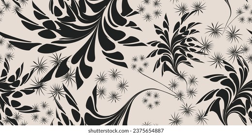 Seamless floral pattern with abstract shapes. Hand-drawn flower and leaf doodles. Repeatable vibrant boho prints. Vector illustration