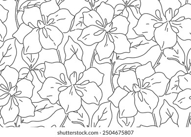 Seamless floral pattern, abstract sketch style ornament of line art plants. Elegant botanical print design: simple large hand drawn lily flowers, leaves. Black - white, two colors vector illustration.