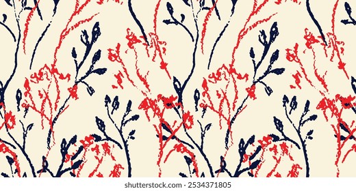 Seamless floral pattern in abstract sketch style. Art print, creative botanical design with chalk drawing wild plants, line art small flowers branches, leaves. Vector illustration.