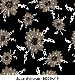 Seamless floral pattern. Abstract spring print. Flowers on a dark background in cartoon style. Stock windy illustration.