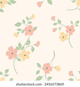 Seamless floral pattern, abstract spring flower ornament of small decorative branches. Simple botanical design in a romantic folk motif: hand drawn flowers, twigs, little leaves. Vector illustration.