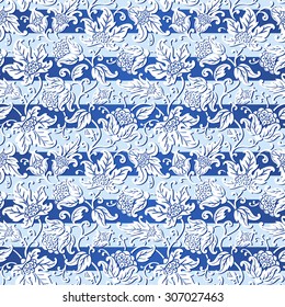 Seamless floral pattern. Abstract striped texture with flowers. Vector blue background.