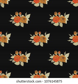 Seamless floral pattern with abstract stylized gray, orange and black roses, vector pattern.