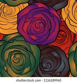 Seamless floral pattern with abstract stylized brown, purple and green roses, vector pattern.