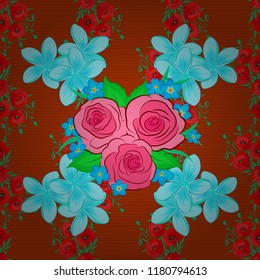Seamless floral pattern with abstract stylized blue, red and orange roses with green leaves, vector pattern.