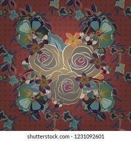 Seamless floral pattern with abstract stylized pink, beige and blue roses, vector pattern.