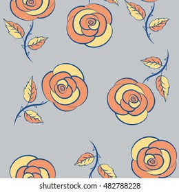 Seamless floral pattern with abstract stylized orange, blue and gray roses, vector pattern.
