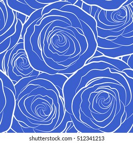 Seamless floral pattern with abstract stylized blue roses silhouette, vector monochrome pattern.