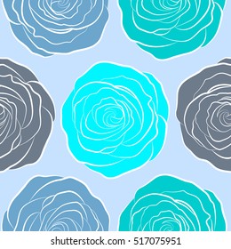Seamless floral pattern with abstract stylized neutral and blue roses, vector pattern.