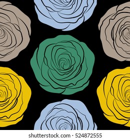 Seamless floral pattern with abstract stylized blue, yellow and green roses, vector pattern on a black backgrond.