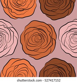 Seamless floral pattern with abstract stylized neutral, pink and orange roses, vector pattern.