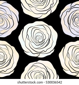 Seamless floral pattern with abstract stylized gray, neutral and beige roses, vector pattern on a black backgrond.