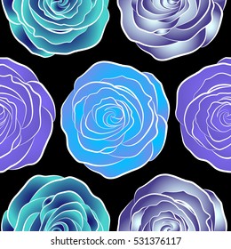Seamless floral pattern with abstract stylized violet, blue and neutral roses, vector pattern on a black backgrond.