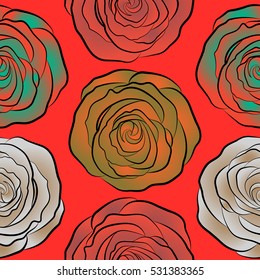 Seamless floral pattern with abstract stylized pink, orange and red roses, vector pattern.