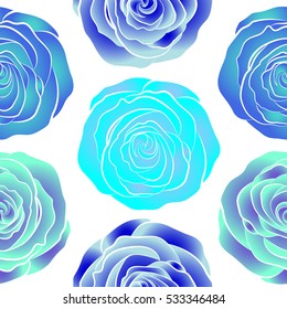 Seamless floral pattern with abstract stylized blue, neutral and violet roses, vector pattern on a white backgrond.
